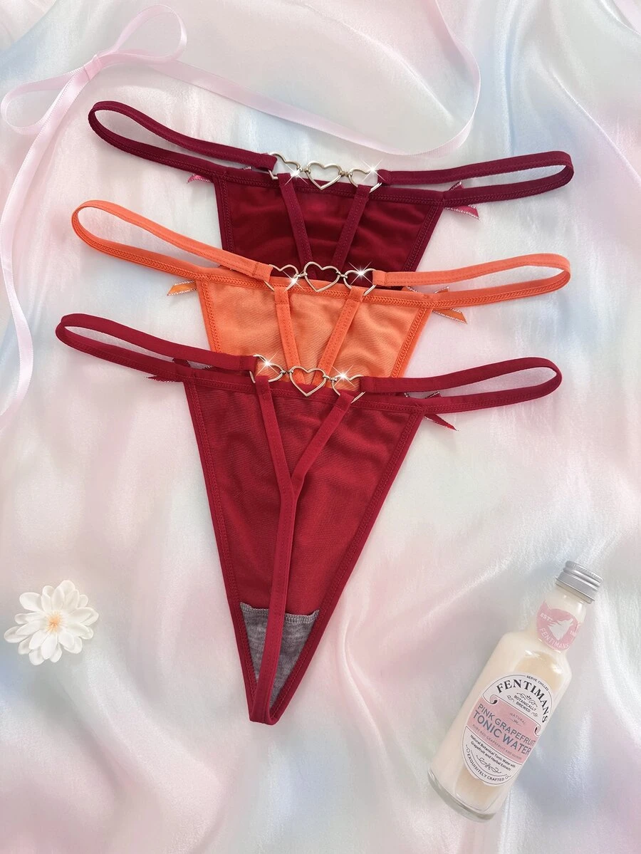 Nora Wilde 3PCS Bow Heart Chain T-Back Panties, Soft And Comfortable, Suitable For Daily Wear And All Seasons, Sweet And Cute, Perfect For Dates And Parties - Multicolor - View 1