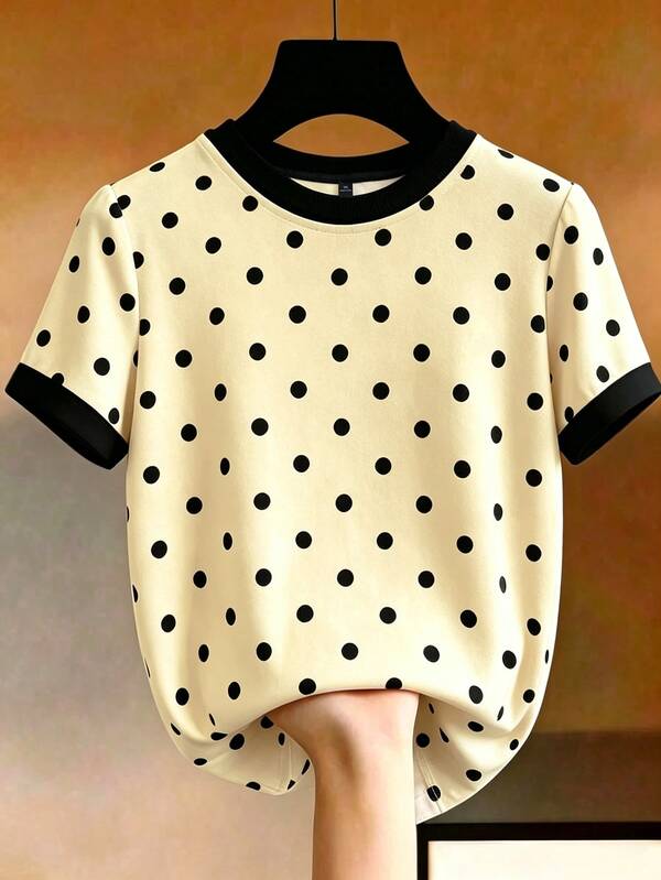 EMERY ROSE Plus Size Women's Summer Short Sleeve Letter Polka Dot Print Casual T-Shirt