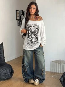 Coolane 女款秋季休閒蝴蝶印花長袖T恤 - 白色 - 查看 2