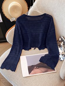 Franclia 新款純色鏤空鉤編防曬女款多功能針織開襟外套 - 藏蓝色 - 查看 2