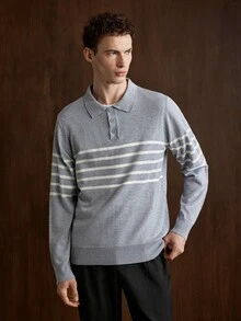 Manfinity CityGents 男士 Polo 領長袖套頭毛衣，Ins 風格，華麗派對街頭成熟風，寬鬆版型拼色秋季正式老錢風毛衣 - 淺灰色 - 查看 3
