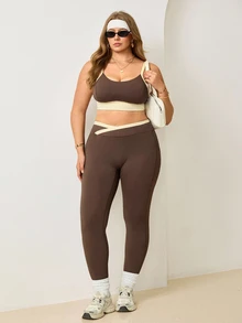 Easithlete Women's Plus Size Colorblock Cropped Camisole And Leggings Sports Set Gym Pilates Brown Summer Cow Girl - Multicolor - View 5