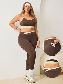 Easithlete Women's Plus Size Colorblock Cropped Camisole And Leggings Sports Set Gym Pilates Brown Summer Cow Girl - Multicolor - View 1