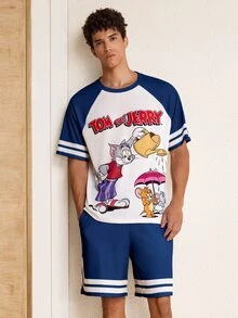 TOM & JERRY X SHEIN Men's Colorblock Patchwork Cartoon Print T-Shirt And Shorts Set - Blue and White - View 3