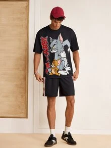 TOM & JERRY X SHEIN Men's Cartoon Print Short Sleeve T-Shirt And Pocket Shorts Set - Black - View 5