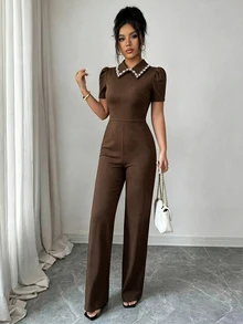 GlowEve Black Pearl Collar Petal Sleeve Jumpsuit, Waist-Cinching Slimming Elegant Commuter High-End Jumpsuit, Casual Minimalist Jumpsuit - Brown - View 6