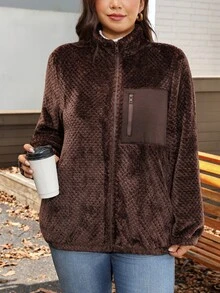 Comfylo Plus Size Casual Reversible Fleece Patchwork Jacket For Winter Winter Clothes - Brown - View 5