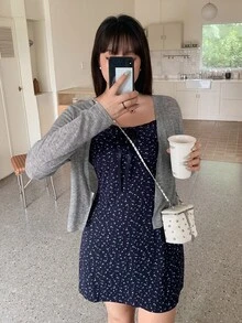Dazy Plus Korean Style Small Ditsy Floral Short Dress & Solid Color Cardigan 2 Pieces Set, Early Autumn Vacation - Navy Blue - View 5