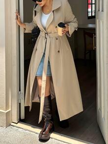 Livesso 素色博主風休閒優雅寬鬆長款風衣，附腰帶裝飾，秋季辦公正式米色 - 卡其色 - 查看 7