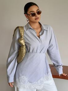Dazy Plus Autumn Wrap Long Sleeve Light Blue Lace Patchwork Tie Waist Blouse For Commute, Wedding, Casual, Plus Size - Baby Blue - View 3