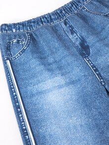 SHEIN 男童 2 件套運動衫套裝，秋冬長袖連帽褲裝套裝，白色印花拉鍊式，適合日常、生日、花童穿著、學校與運動 - 藍色 - 查看 5