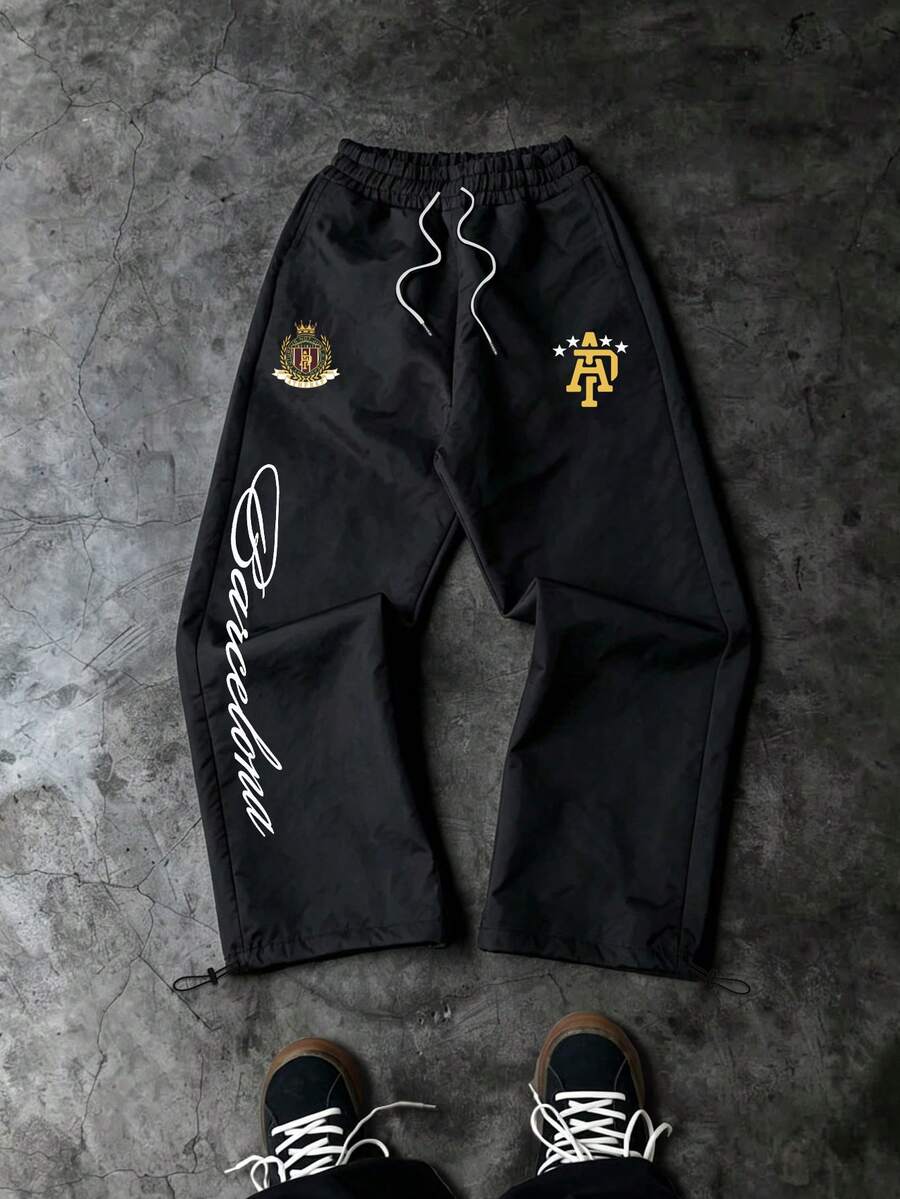 Sport MetroGents 男士抽繩腰字母印花休閒日常運動長褲 - 黑色 - 查看 1