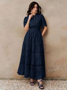 Anewsta Solid Color Elegant Lace Patchwork Round Neck Waist-Cinching Hollow Crochet Short Sleeve Flared Women's Dress - Navy Blue - View 3