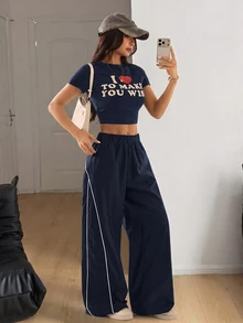 SHEIN PETITE Women's Autumn/Winter Street Style Vintage Holiday Outing Back To School Basic Black Wide Leg Pants, Essential For Daily Wear - Navy Blue - View 6