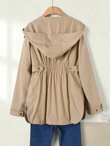 Rusticease Women's Solid Color Hooded Trench Coat Everyday Travel Khaki Green Spring Minimalist Casual - Khaki - View 2