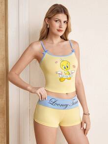 LOONEY TUNES X SHEIN Women's Cartoon Print Camisole & Boy Shorts 2 Pieces Set - Light Yellow - View 4