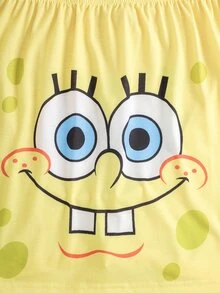 SpongeBob SquarePants | SHEIN Plus Size Women's Cartoon Print Short Sleeve Top And Shorts Casual Daily Home Sleepwear Set - Multicolor - View 6