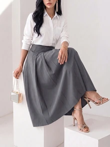 Heiryn Women's Solid Color Pleated Skirt, Preppy Style - Dark Grey - View 3