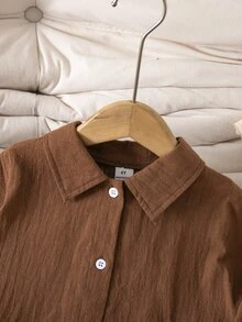 Young Girl Solid Color Casual Versatile Daily Wear Shirt - Coffee Brown - View 4