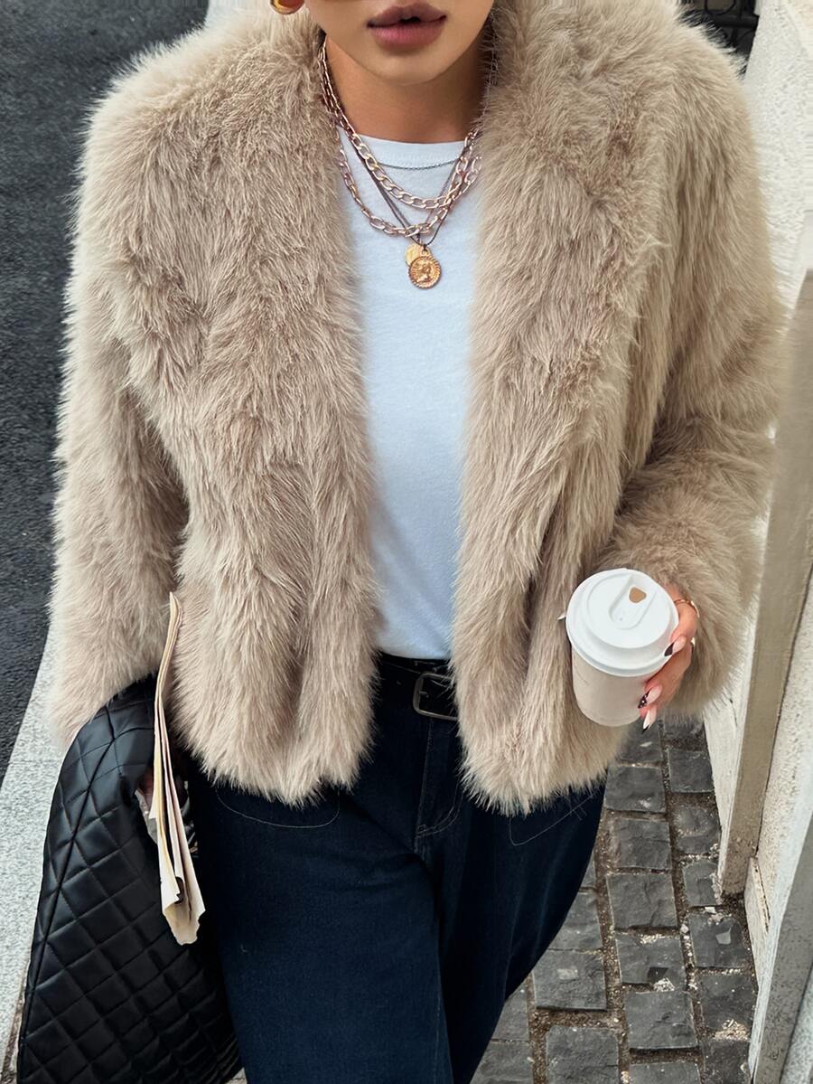 Livesso Elegant Autumn/Winter New Thickened Short Jacket Brown Faux Fur Coat - Apricot - View 1