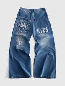 ROMWE MEN Men's Spider Web Embroidered Loose Fit Jeans - Medium Wash - View 1
