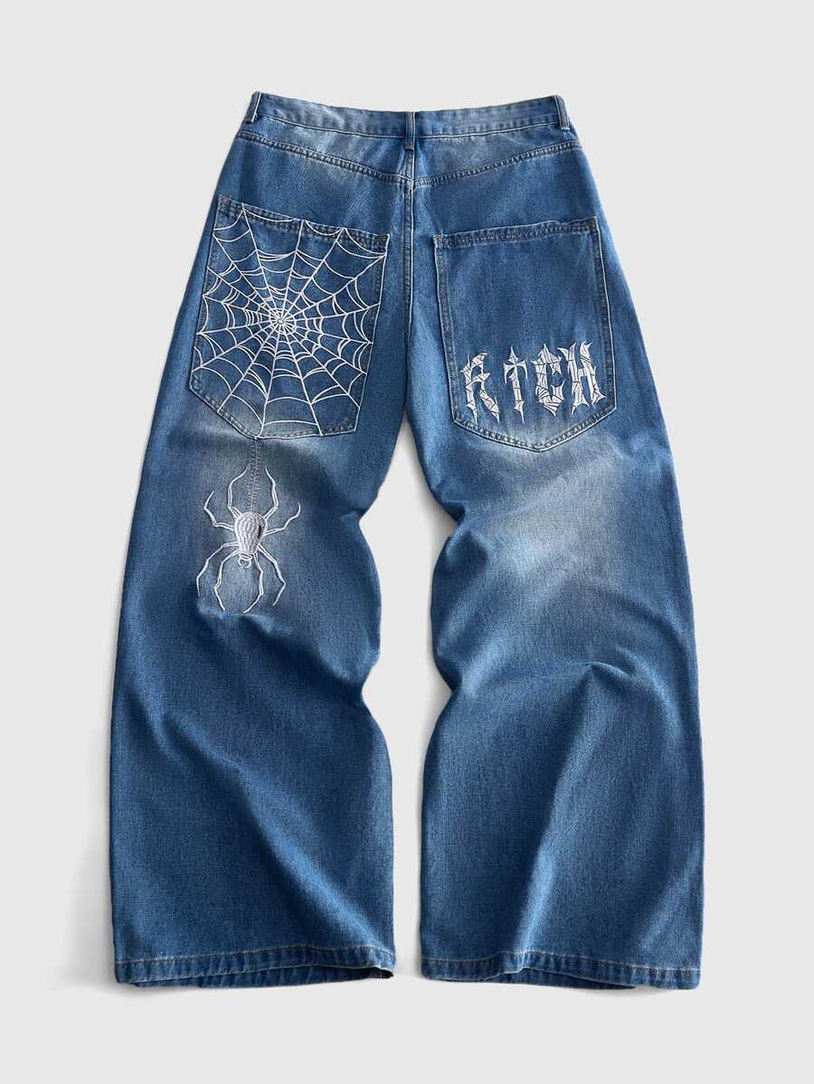 ROMWE MEN Men's Spider Web Embroidered Loose Fit Jeans - Medium Wash - View 1
