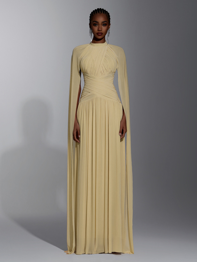 Elitara Elegant Khaki Elastic Mesh Deep V-Neck Ruffle Cape A-Line Formal Party Dress Suitable For Wedding Guest, Bachelorette Party And Formal Evening Occasions Women's Dress