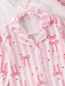 SHEIN 女嬰休閒可愛粉色蝴蝶結長袖居家服套裝 - 粉色 - 查看 3