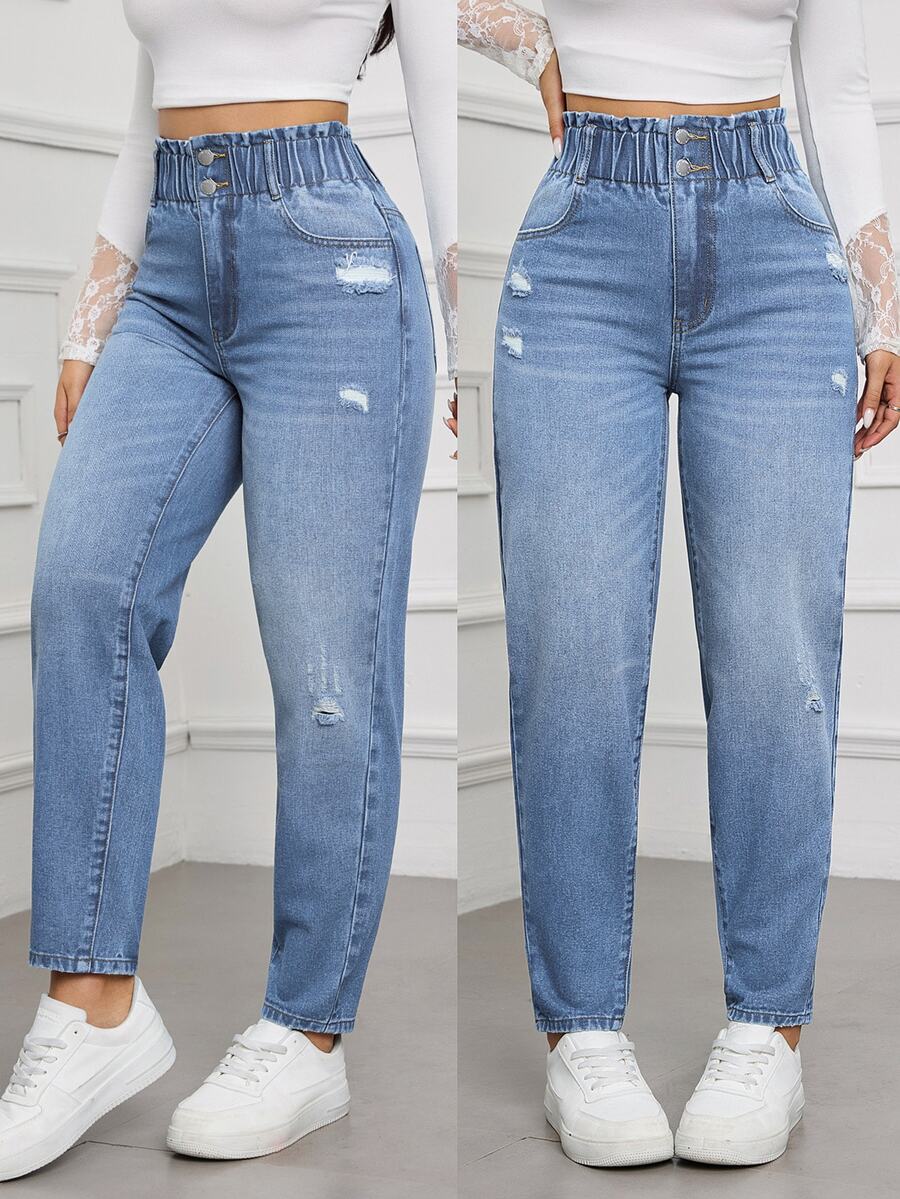 SHEIN Tall 女款破洞設計休閒日常牛仔褲 - 淺色水洗藍 - 查看 1