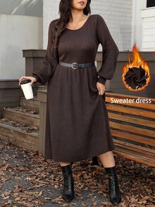 Comfylo Plus Size Women's Knit Dress, Autumn/Winter, Round Neck, Long Sleeve, Mid-Length, Soft And Comfortable - Coffee Brown - View 2