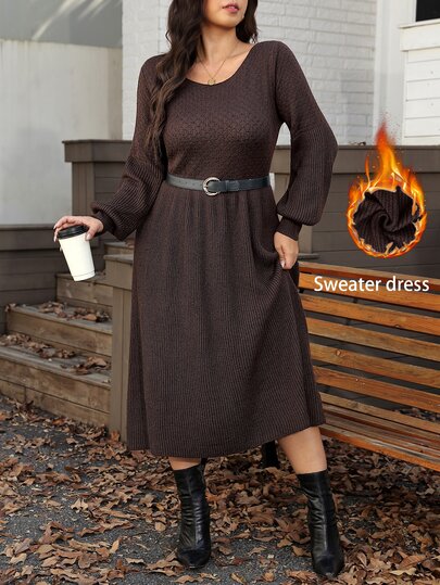 Comfylo Damska dzianinowa sukienka plus size, jesień/zima, okrągły dekolt, długi rękaw, średnia długość, miękka i wygodna