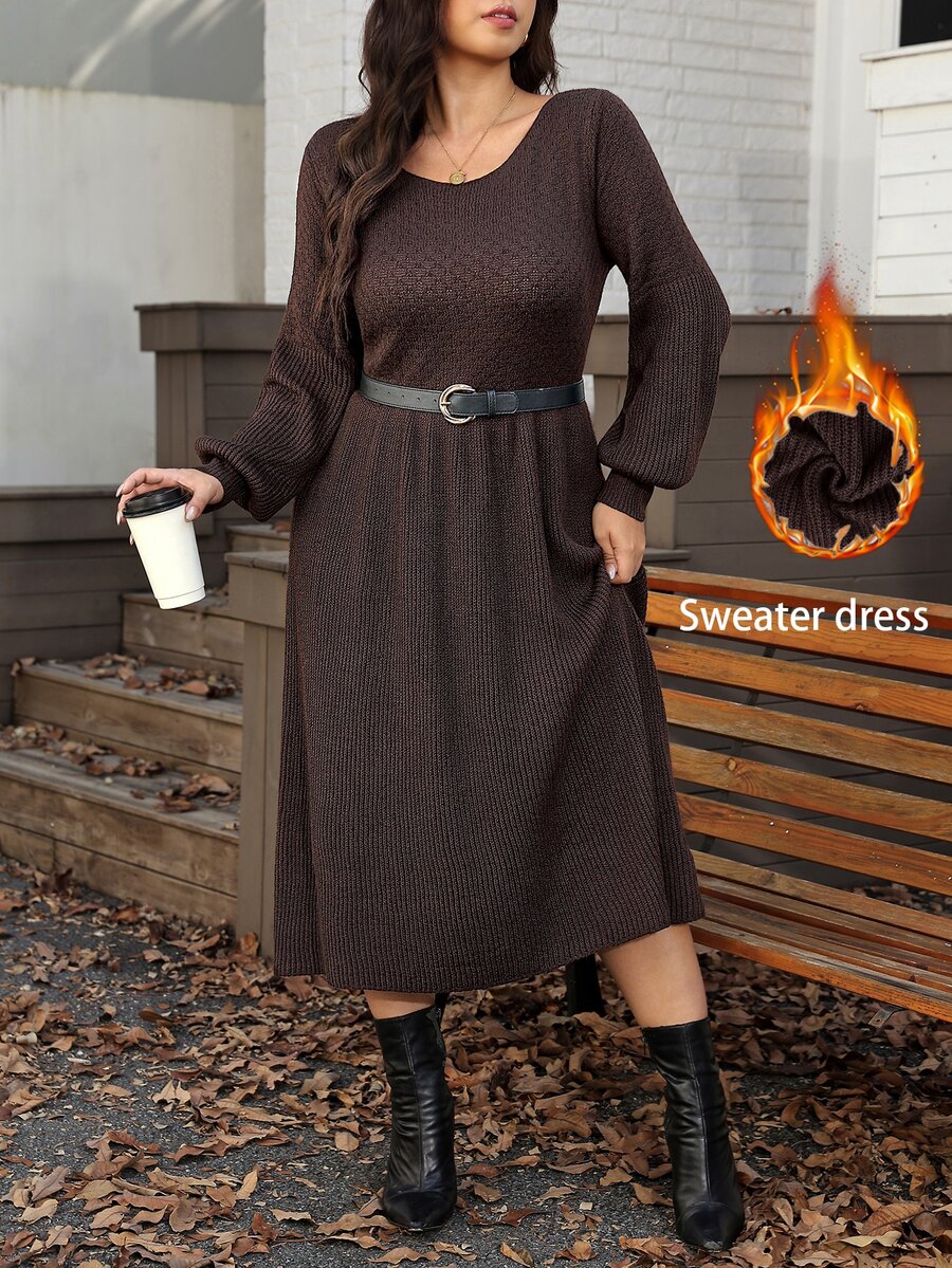 Comfylo Plus Size Women's Knit Dress, Autumn/Winter, Round Neck, Long Sleeve, Mid-Length, Soft And Comfortable