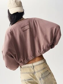 Bohemela Women's Solid Color Notched V-Neck Batwing Long Sleeve Loose Casual Sweatshirt - Khaki - View 5