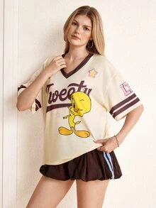 LOONEY TUNES X SHEIN Women's Cartoon Striped Print Short Sleeve T-Shirt - Apricot - View 5