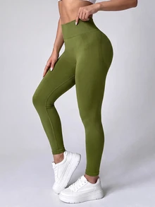 SHEIN Dewbera Women's Solid Color High Waist Casual Versatile Daily Wear Leggings - Green - View 2