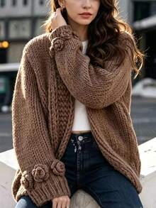 Balvessa Women's Autumn/Winter Casual 3D Floral Decor Cardigan - Brown - View 1