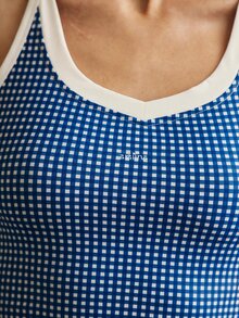 Aralina Women Contrast Trim Gingham Racerback Tank Top Scoop Neck Sleeveless Slim Fit Activewear Yoga Gym Pilates Running Workout - Blue and White - View 3