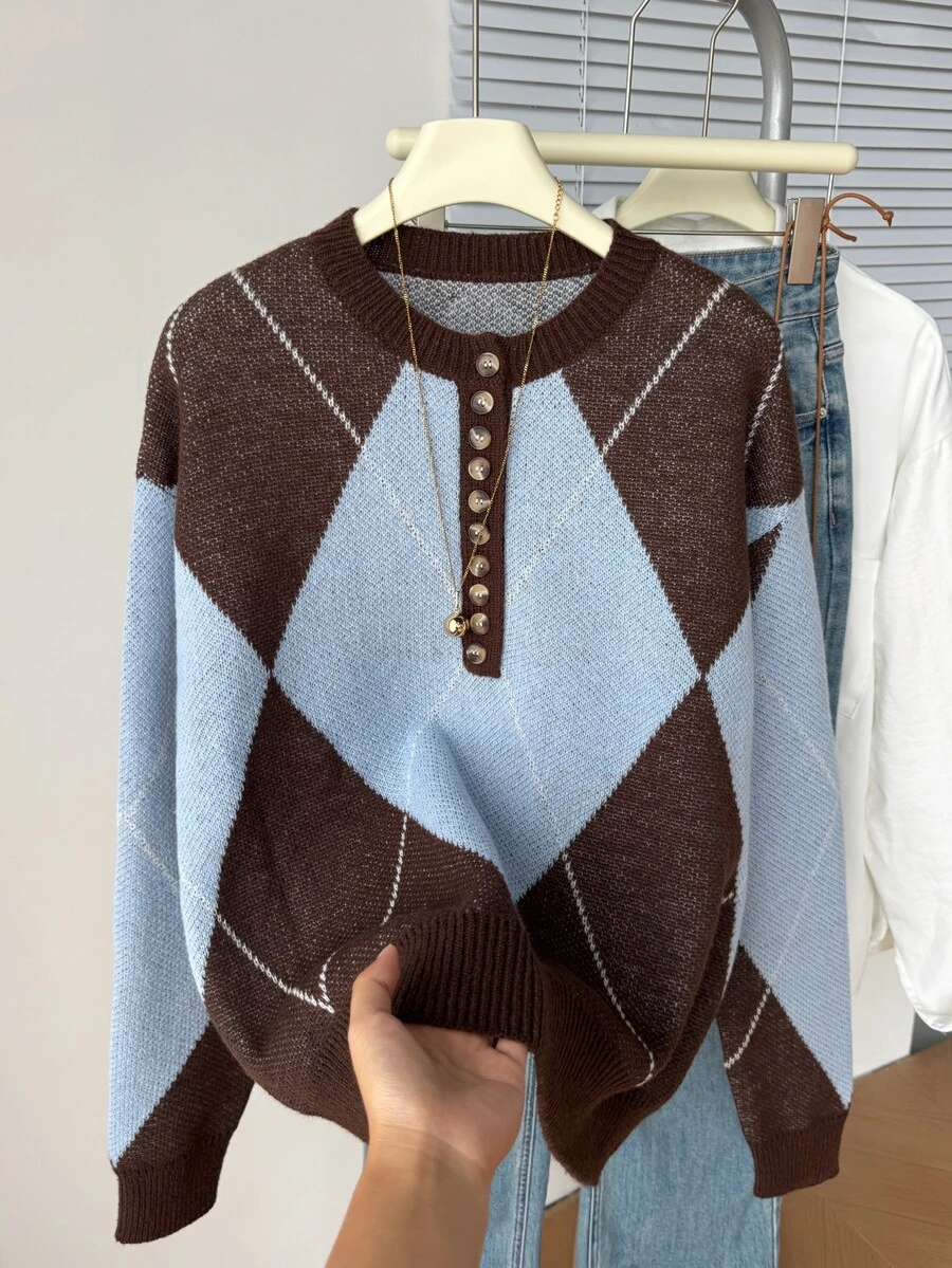 Muvela Women's Casual Colorblock Argyle Sweater, Autumn/Winter - Coffee Brown - View 1