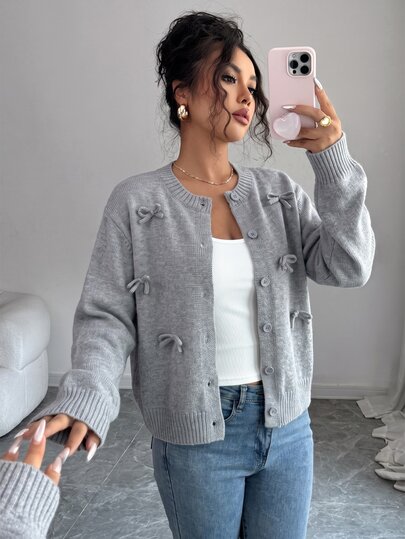 SHEIN Elenzya Cardigan Rajut Wanita Model Terbaru Musim Gugur/Dingin Lengan Panjang Abu-abu dengan Pita dan Kerah Bulat untuk Perjalanan, Kantor, Rumah, dan Jalan-jalan