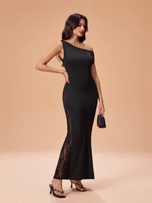 Glamance Women's Elegant Party Lace Patchwork Asymmetric Neckline Mermaid Long Dress - Black - View 1