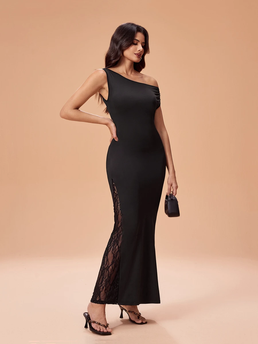 Glamance Women's Elegant Party Lace Patchwork Asymmetric Neckline Mermaid Long Dress - Black - View 1