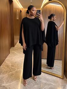 SHEIN Lady Plus Size Elegant Party Cape Sleeve Top And Pants 2 Pieces Set - Black - View 3