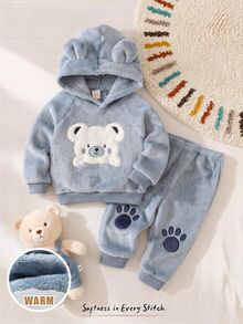 Cozy Pixies 2件組男嬰童休閒日常舒適刺繡秋冬連帽套頭長袖刷毛衛衣與運動長褲套裝 - 藍色 - 查看 1