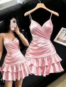 SHEIN Franclia 女款純色百褶細肩帶洋裝，適合約會與派對 - 粉色 - 查看 3