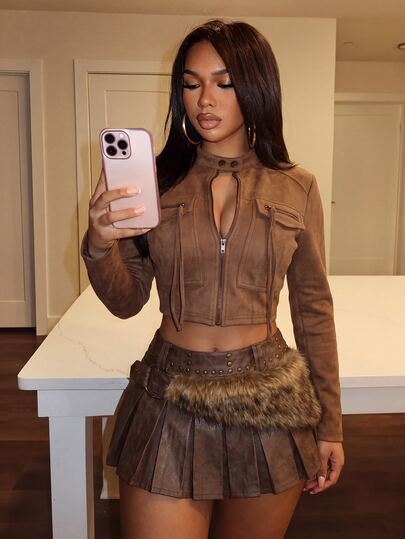 Slaydiva Brown Faux Suede Short Utility Jacket, Stand Collar, Multi-Pocket, Zipper Waist, Motorcycle Style, Sexy Women's Outerwear-A