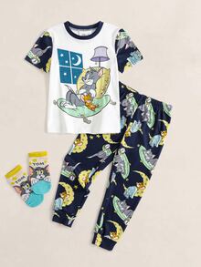TOM & JERRY X SHEIN Young Boy Cartoon Print Short Sleeve Top And Long Pants Casual Daily Home Pajama Set - Blue - View 1