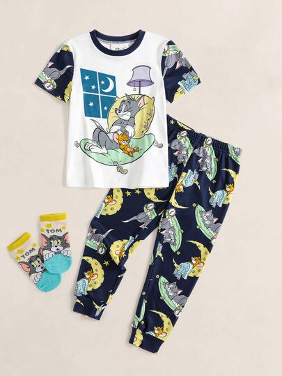 TOM & JERRY X SHEIN Young Boy Cartoon Print Short Sleeve Top And Long Pants Casual Daily Home Pajama Set