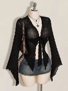 SHEIN ICON Y2K 棕色秋季不對稱下擺喇叭袖復古植絨網紗透視前開襟女款上衣 - 黑色 - 查看 5