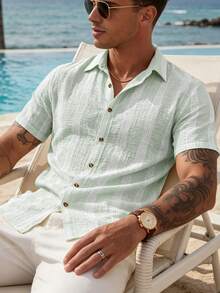 VENTUSAIL Men's Yellow Woven Striped Summer Lightweight Slim Fit Casual Vacation Short Sleeve Shirt - Mint Green - View 6
