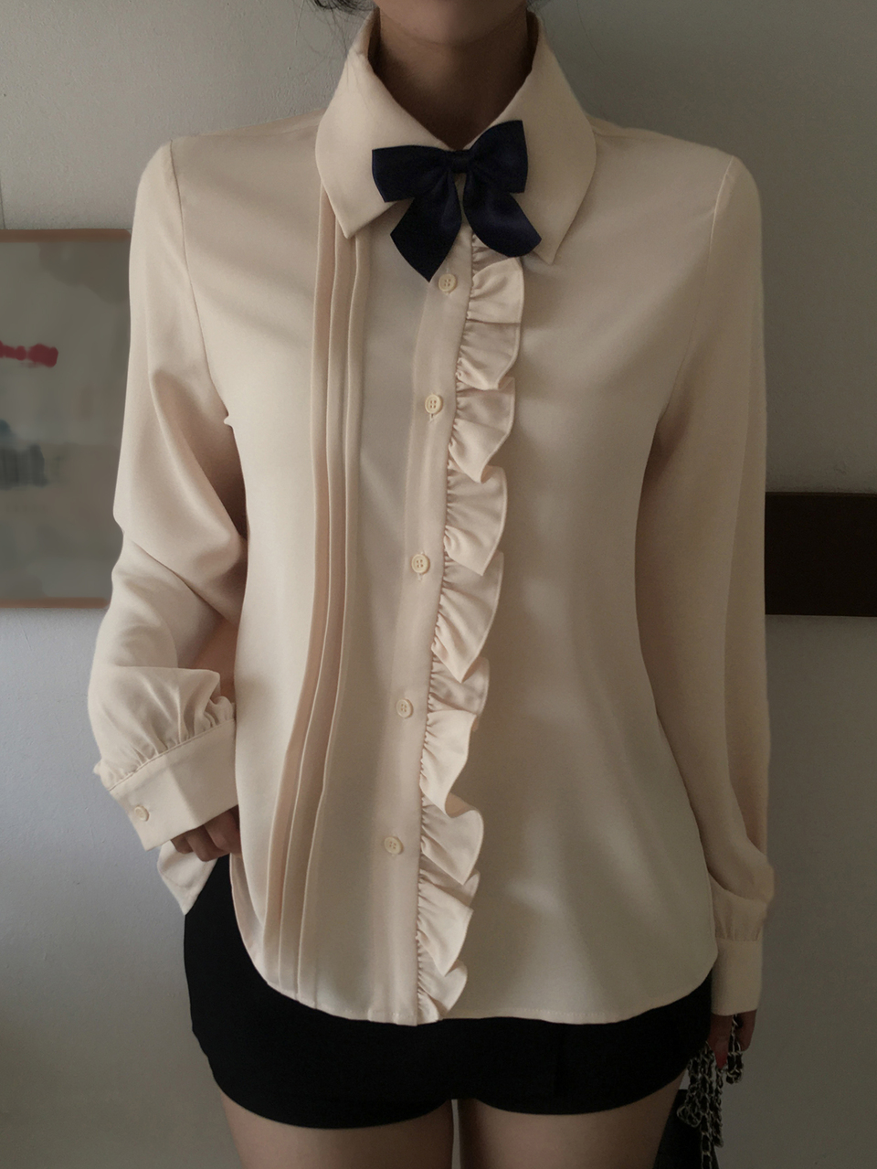 Contrast Color Bow Loose Long Sleeve Pleated Frill Trim Elegant Formal Spring Autumn Blouse For Women